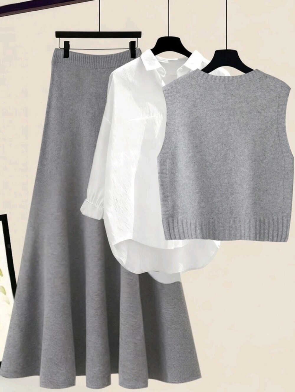 2pcs Set Women Cute Knitted Vest & A-Line Skirt,3D Floral Round Neck Sleeveless